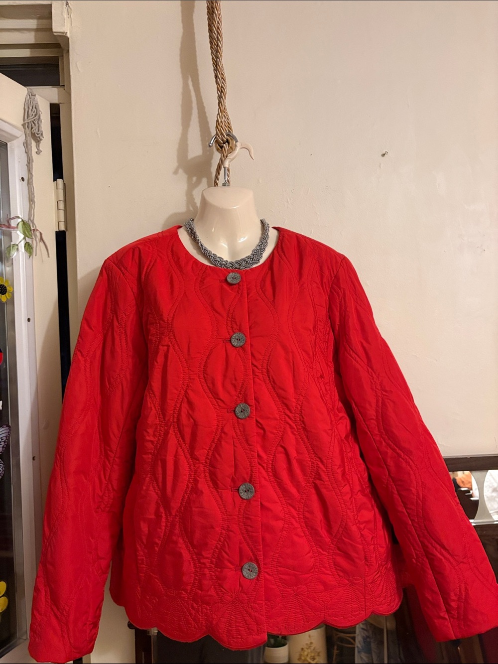 Talbots Bright Red Quilted Scallop-Hem Button Puffer Jacket